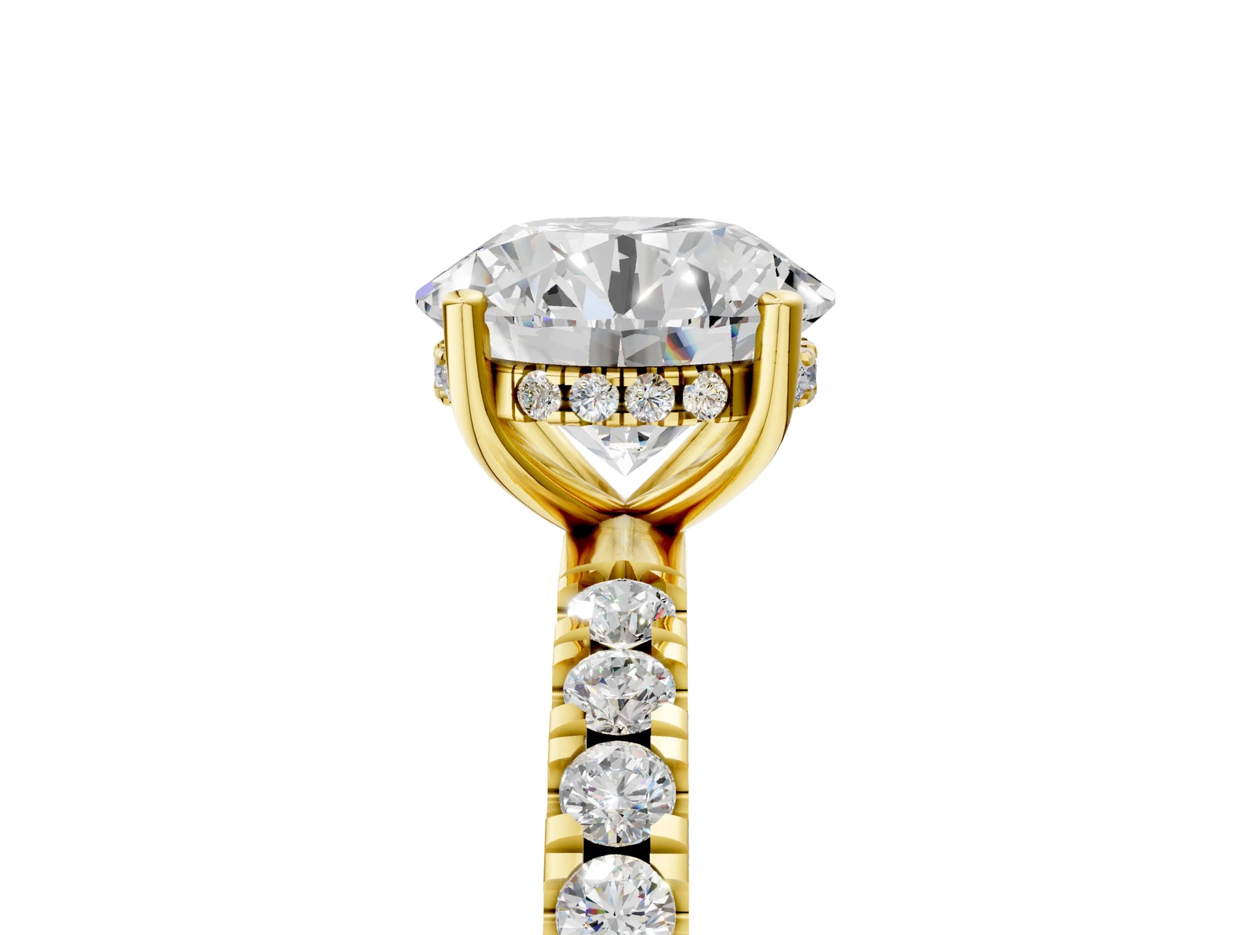 Round Cut Diamond Hidden Halo Engagement Ring in Yellow gold with Round Pavé Band_5