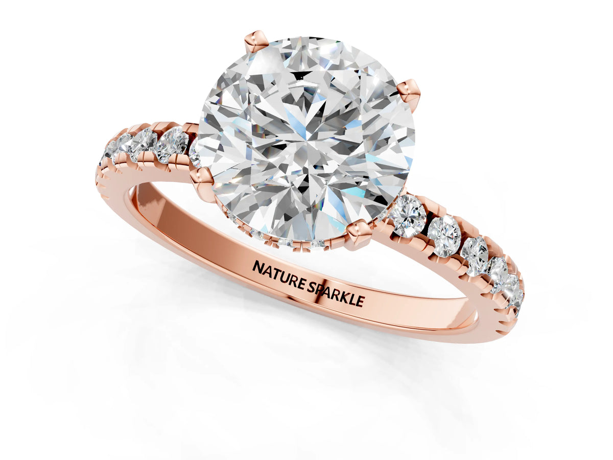 Round Cut Diamond Hidden Halo Solitaire Ring in Rose gold with Round Pavé Band and Prong Setting_109