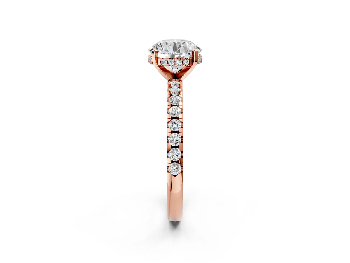 Round Cut Diamond Hidden Halo Solitaire Ring in Rose gold with Round Pavé Band and Prong Setting_110