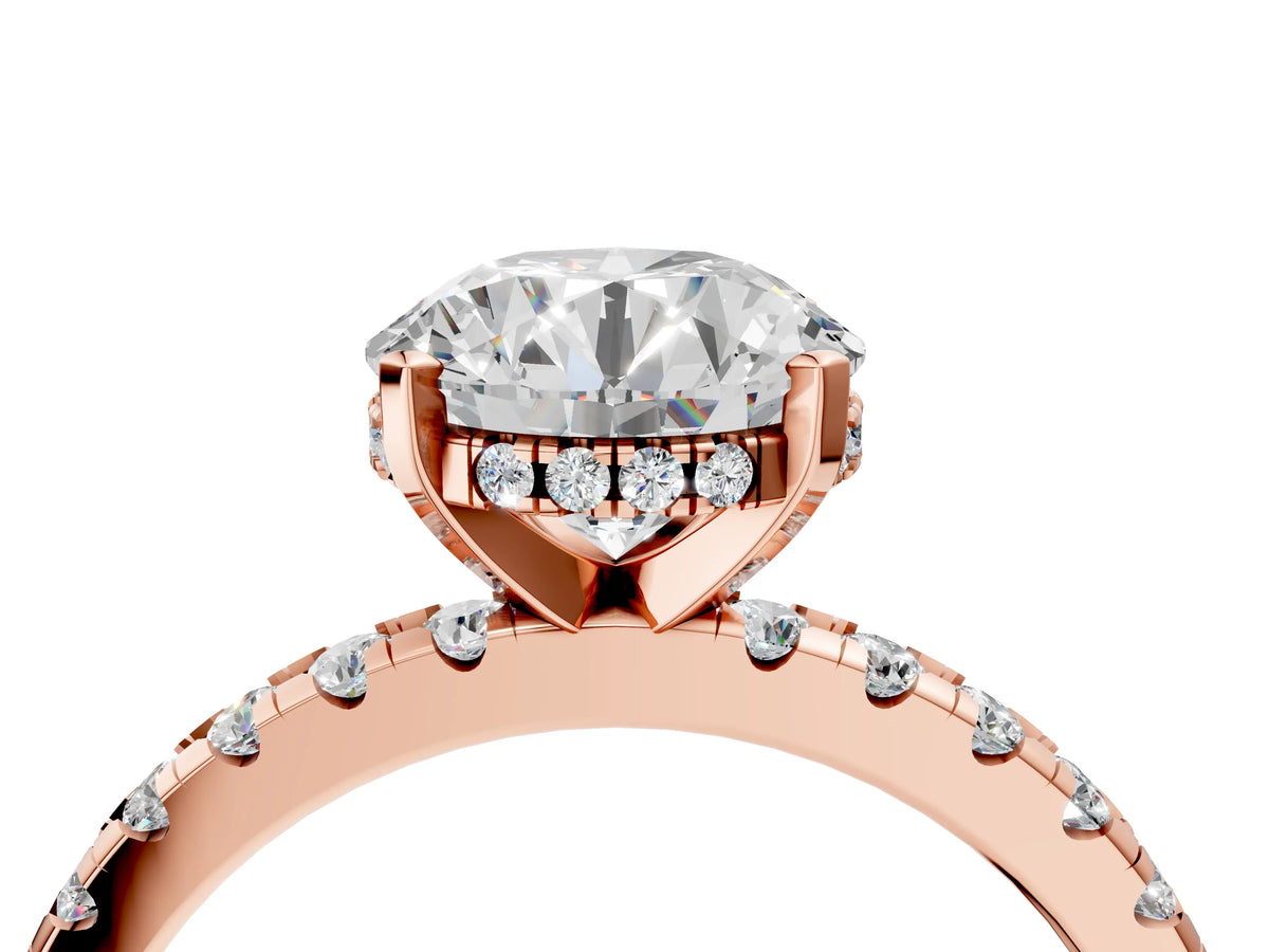 Round Cut Diamond Hidden Halo Solitaire Ring in Rose gold with Round Pavé Band and Prong Setting_112