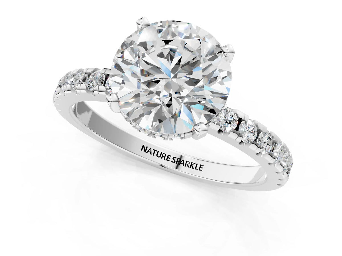 Round Cut Diamond Hidden Halo Solitaire Ring in White gold with Round Pavé Band and Prong Setting_109