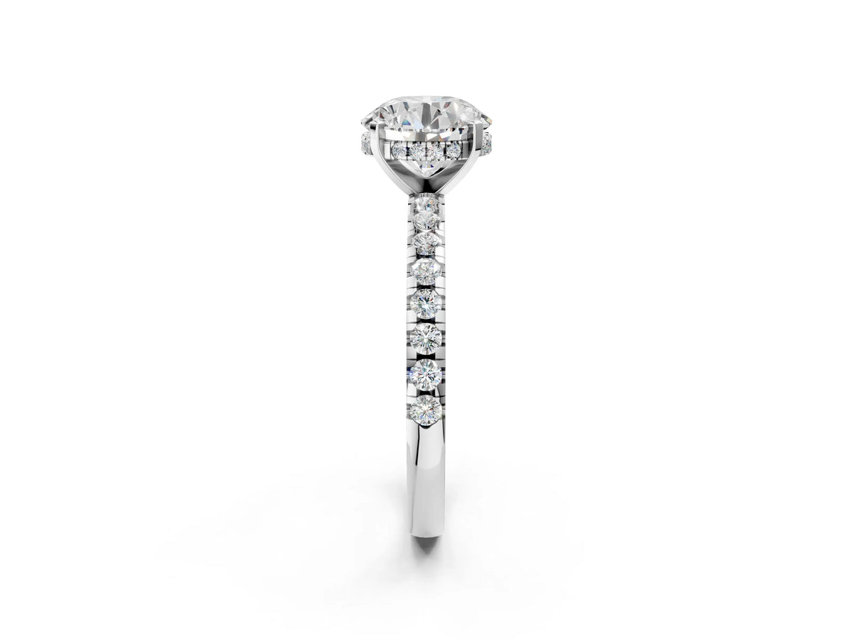 Round Cut Diamond Hidden Halo Solitaire Ring in White gold with Round Pavé Band and Prong Setting_110