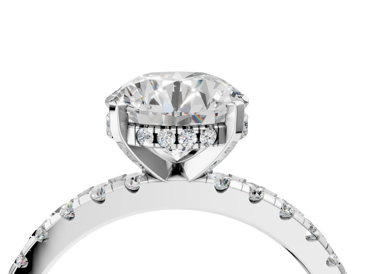 Round Cut Diamond Hidden Halo Solitaire Ring in White gold with Round Pavé Band and Prong Setting_112