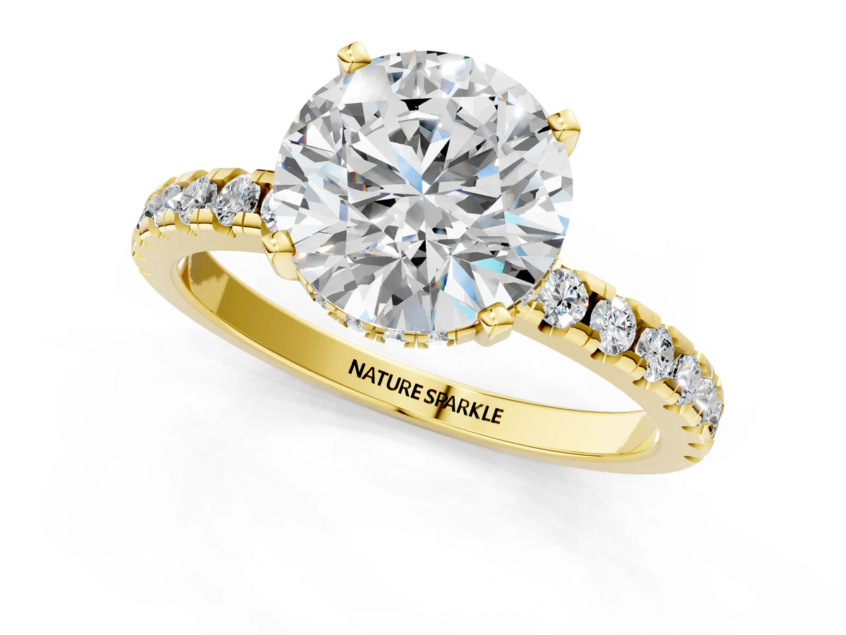 Round Cut Diamond Hidden Halo Solitaire Ring in Yellow gold with Round Pavé Band and Prong Setting_109