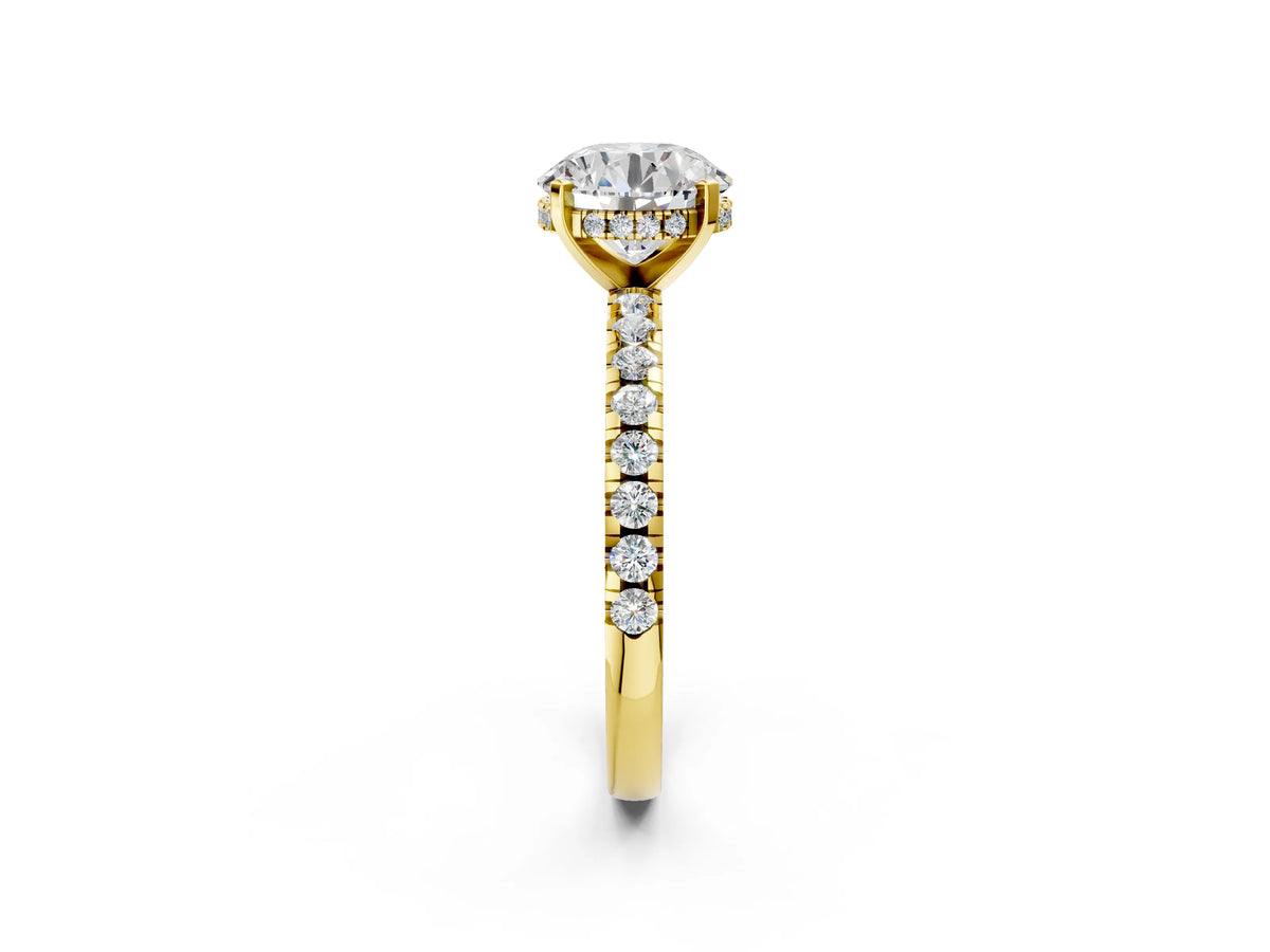 Round Cut Diamond Hidden Halo Solitaire Ring in Yellow gold with Round Pavé Band and Prong Setting_110
