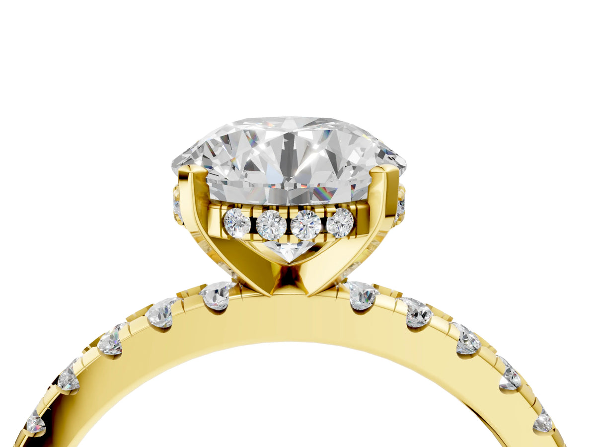 Round Cut Diamond Hidden Halo Solitaire Ring in Yellow gold with Round Pavé Band and Prong Setting_112