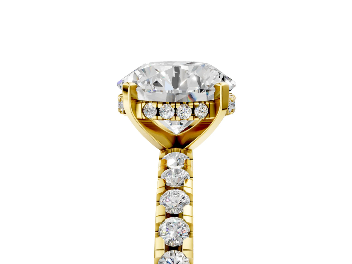 Round Cut Diamond Hidden Halo Solitaire Ring in Yellow gold with Round Pavé Band and Prong Setting_113