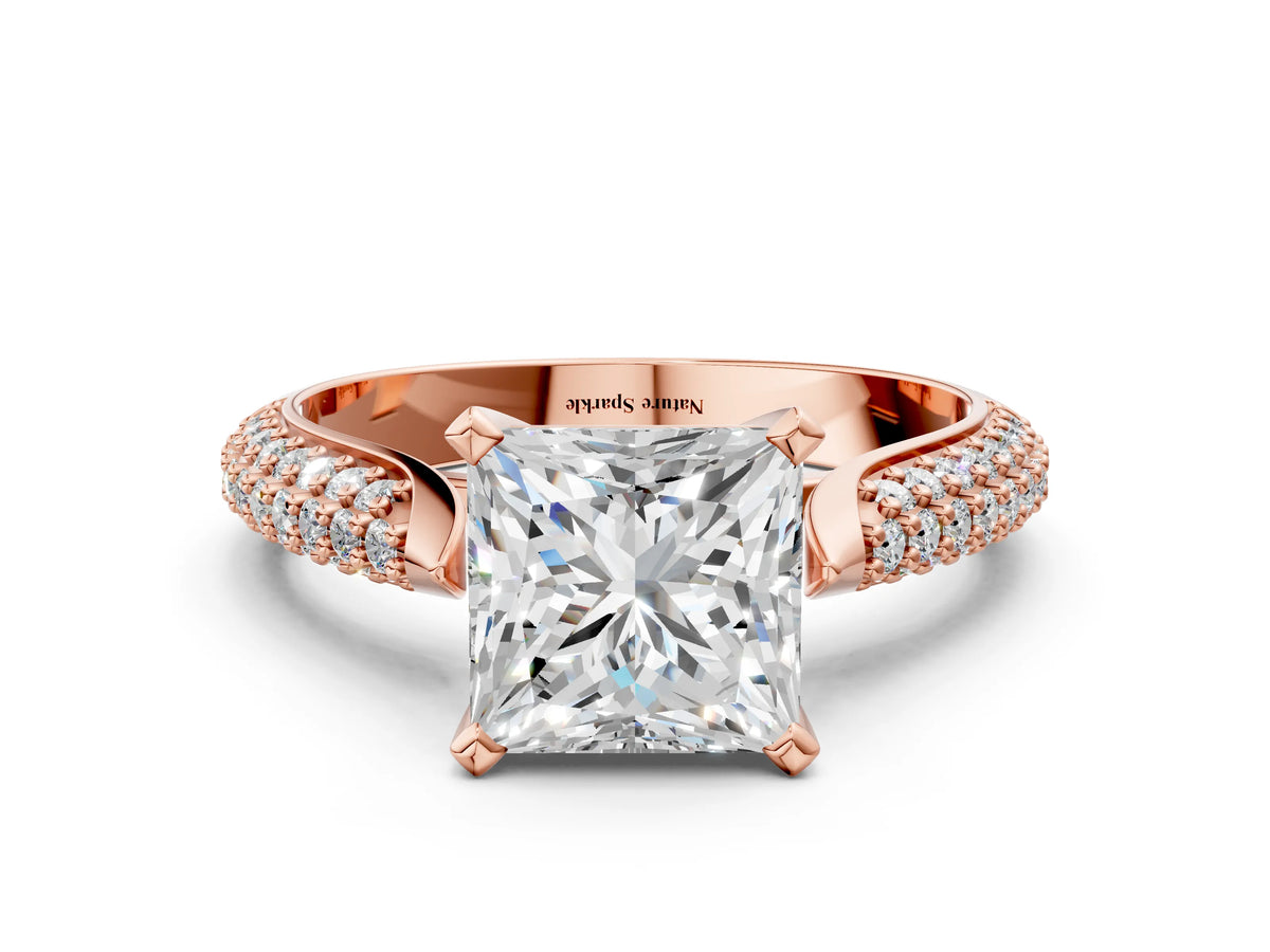 Round Cut Diamond Solitaire Engagement Ring in Rose gold with Multi-Row Round Pavé Band
