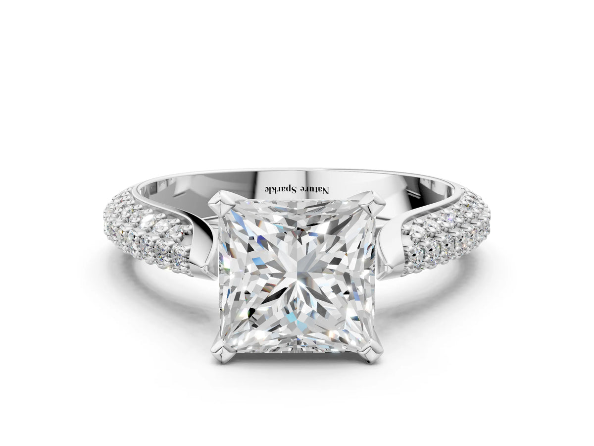 Round Cut Diamond Solitaire Engagement Ring in Silver with Multi-Row Round Pavé Band