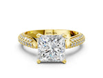 Round Cut Diamond Solitaire Engagement Ring in Yellow gold with Multi-Row Round Pavé Band