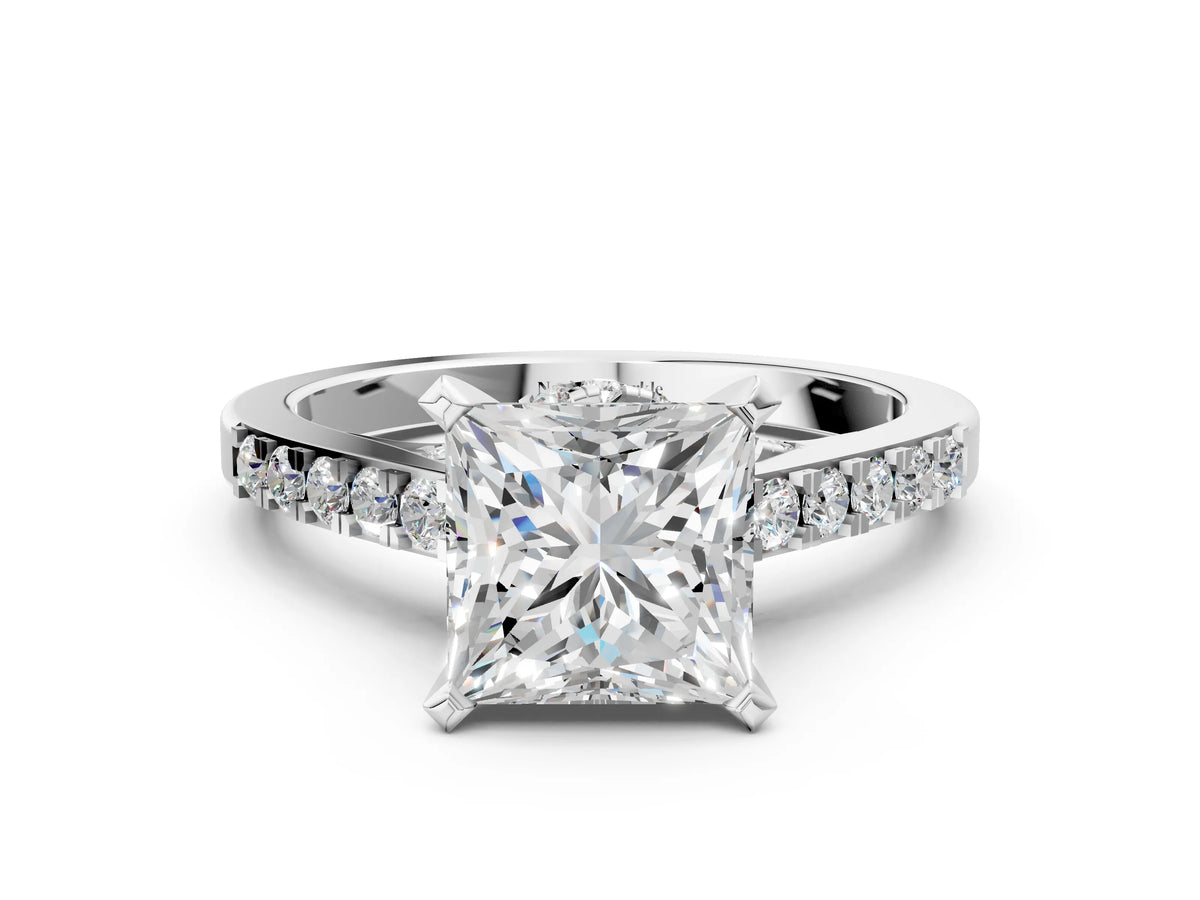 Round Cut Diamond Solitaire Ring in Platinum with Crossover Gallery and Round Pavé Band