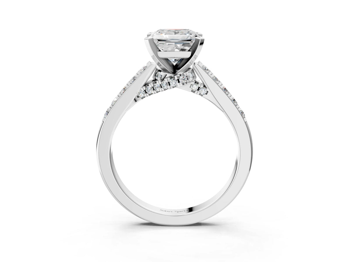 Round Cut Diamond Solitaire Ring in Platinum with Crossover Gallery and Round Pavé Band_3