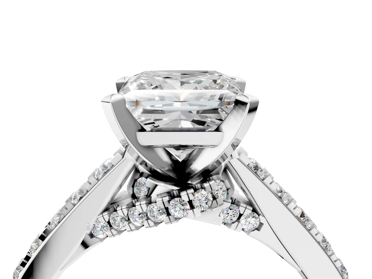 Round Cut Diamond Solitaire Ring in Platinum with Crossover Gallery and Round Pavé Band_4
