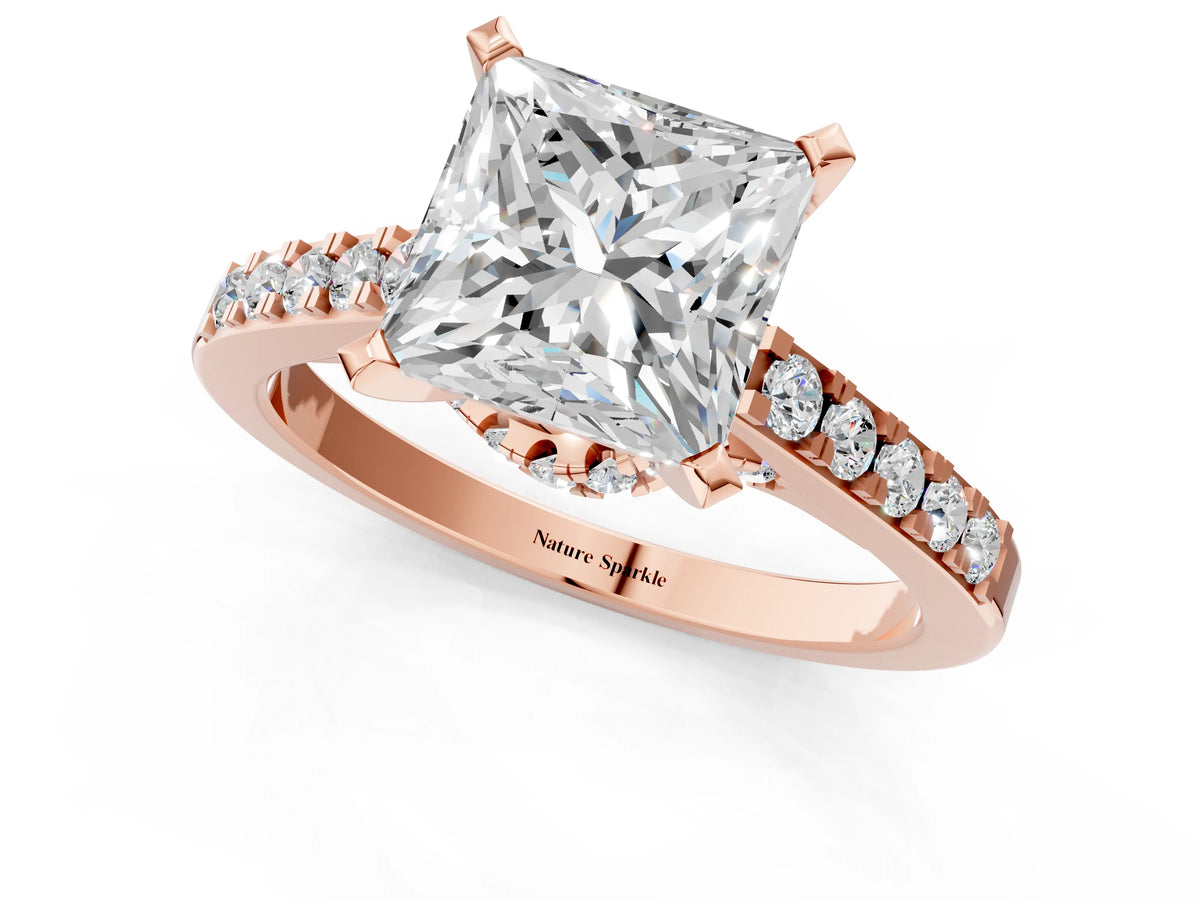 Round Cut Diamond Solitaire Ring in Rose gold with Crossover Gallery and Round Pavé Band_1