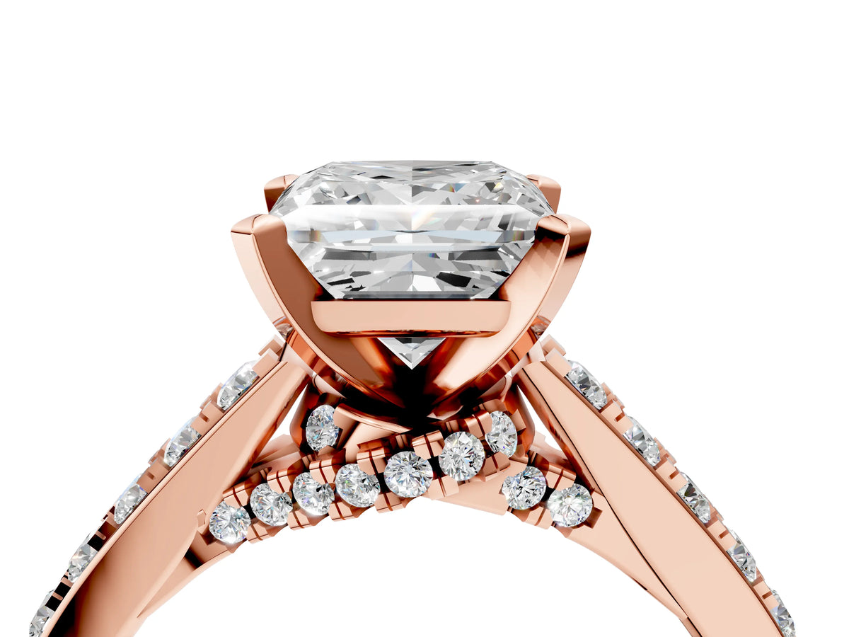 Round Cut Diamond Solitaire Ring in Rose gold with Crossover Gallery and Round Pavé Band_4