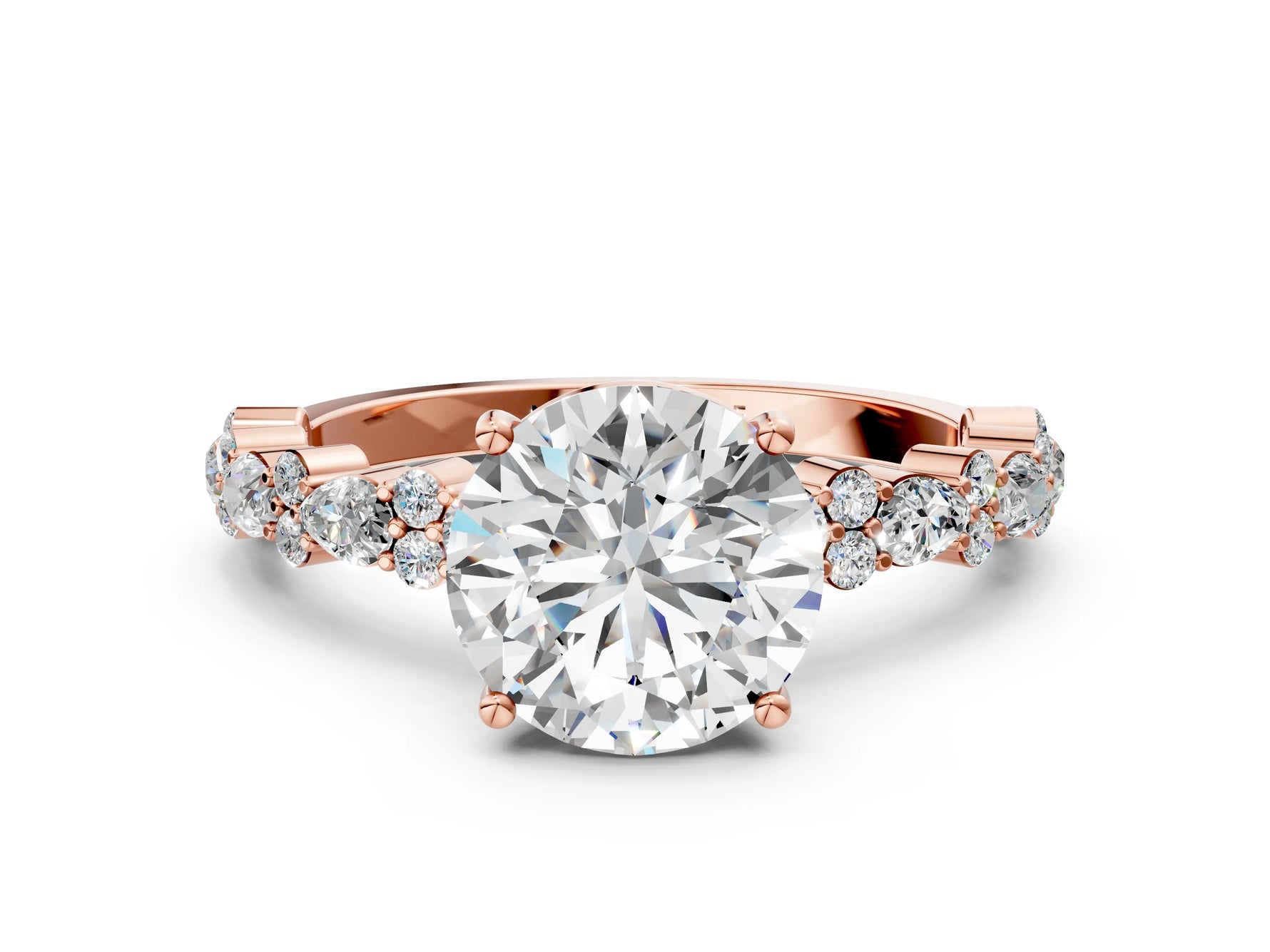 Round Cut Diamond Solitaire Ring in Rose gold with Pear and Round Cluster Band