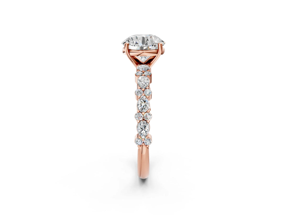 Round Cut Diamond Solitaire Ring in Rose gold with Pear and Round Cluster Band_14