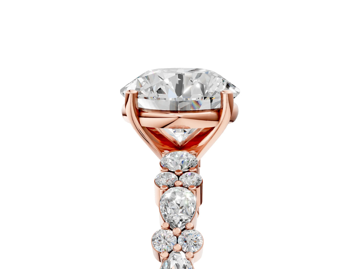 Round Cut Diamond Solitaire Ring in Rose gold with Pear and Round Cluster Band_17