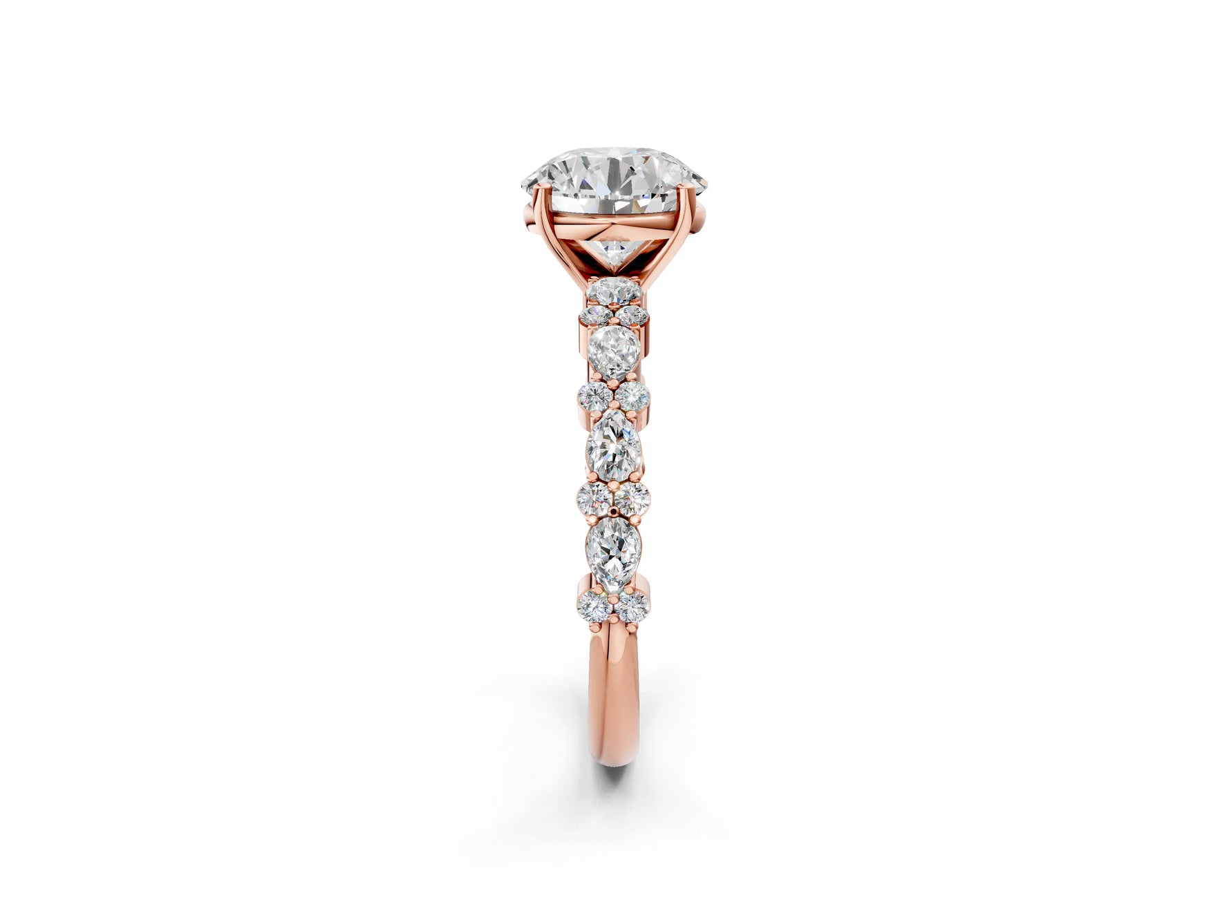 Round Cut Diamond Solitaire Ring in Rose gold with Pear and Round Cluster Band_2