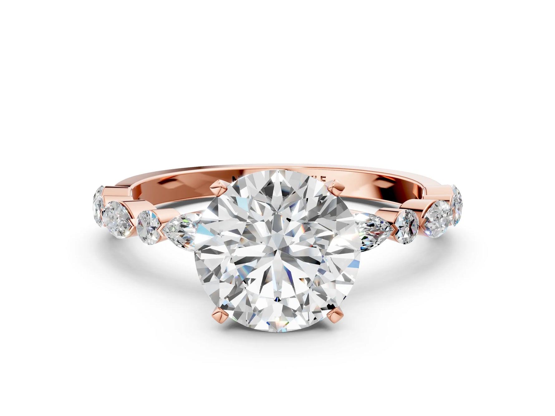 Round Cut Diamond Solitaire Ring in Rose gold with Shared Prong Marquise and Round Side Stones