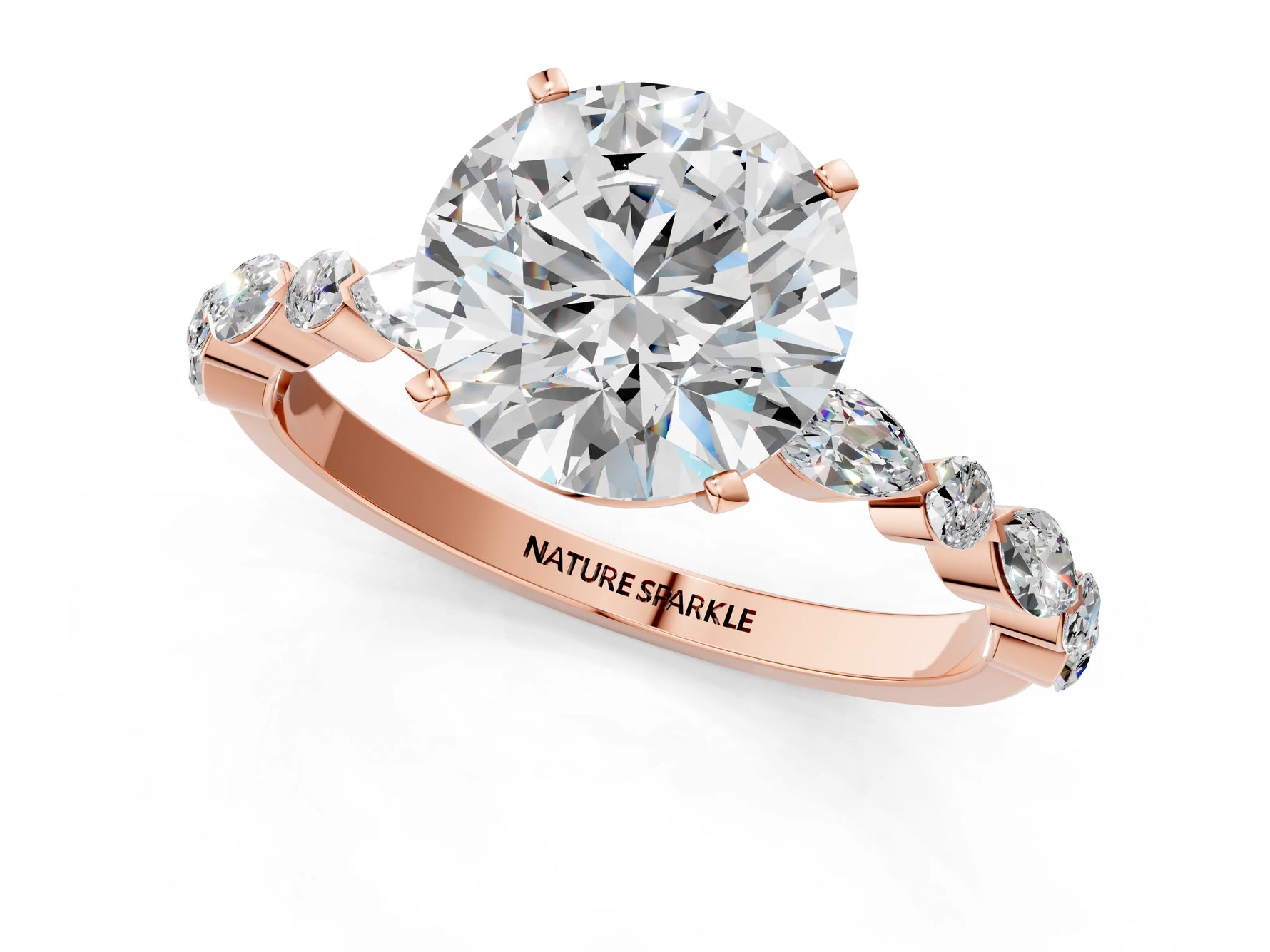 Round Cut Diamond Solitaire Ring in Rose gold with Shared Prong Marquise and Round Side Stones_1