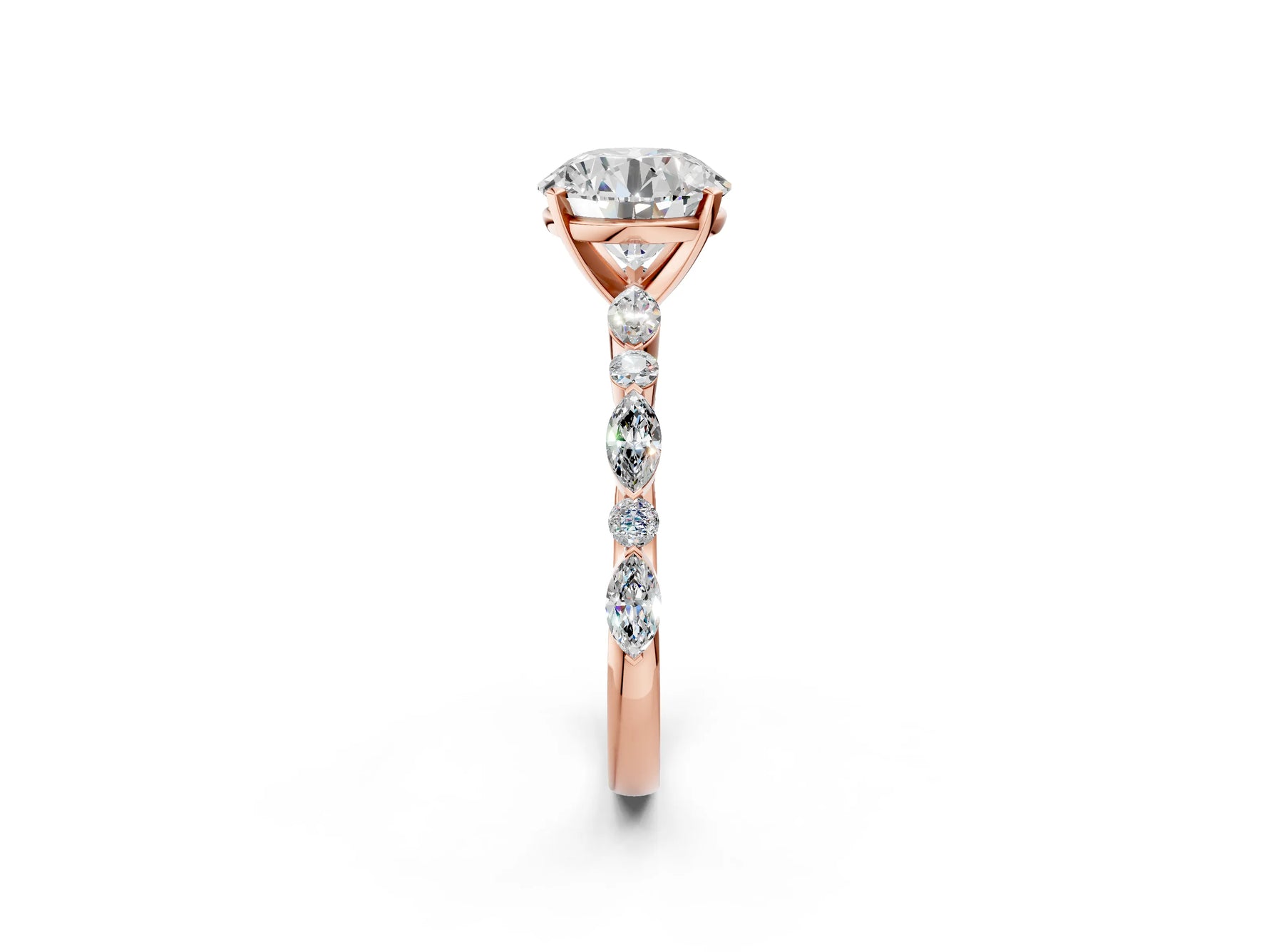 Round Cut Diamond Solitaire Ring in Rose gold with Shared Prong Marquise and Round Side Stones_2