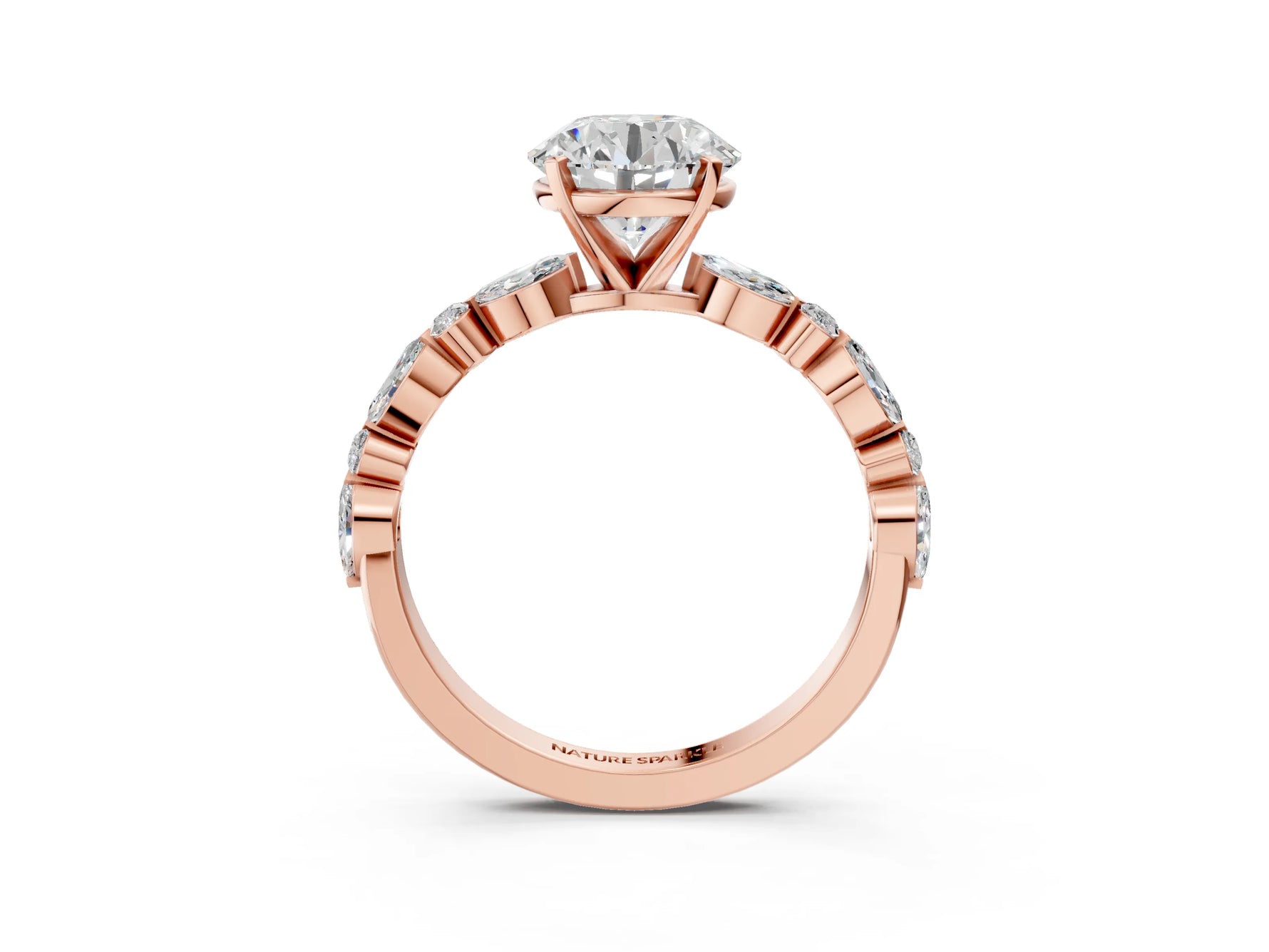 Round Cut Diamond Solitaire Ring in Rose gold with Shared Prong Marquise and Round Side Stones_3