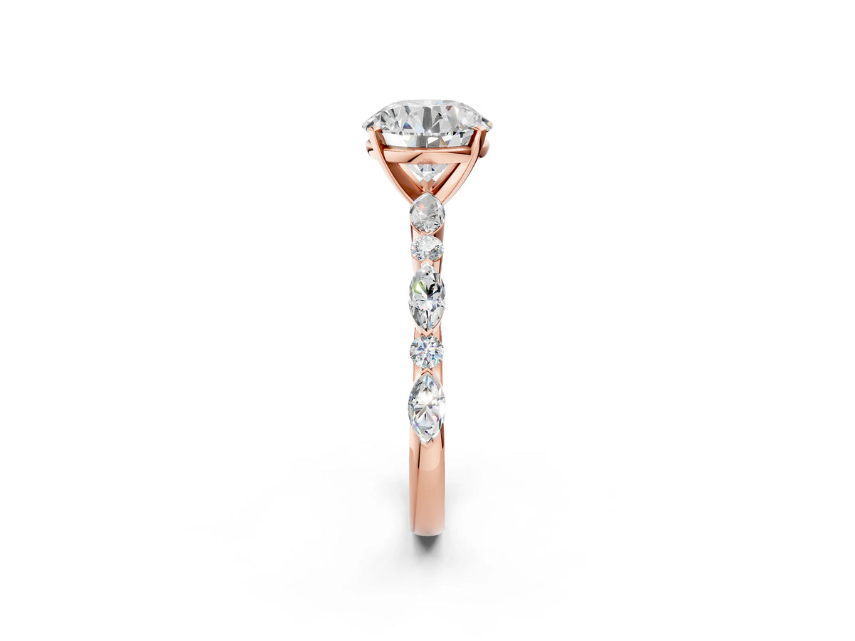 Round Cut Diamond Solitaire Ring in Rose gold with Shared Prong Marquise and Round Side Stones_38
