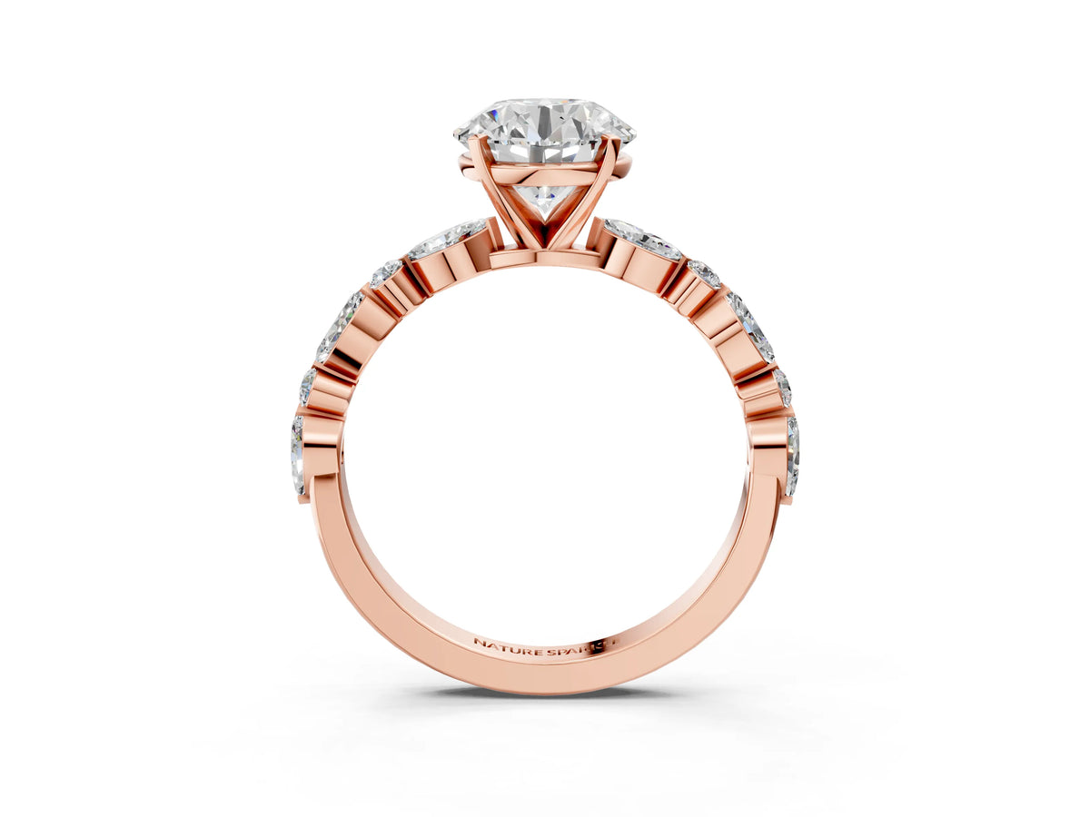 Round Cut Diamond Solitaire Ring in Rose gold with Shared Prong Marquise and Round Side Stones_39