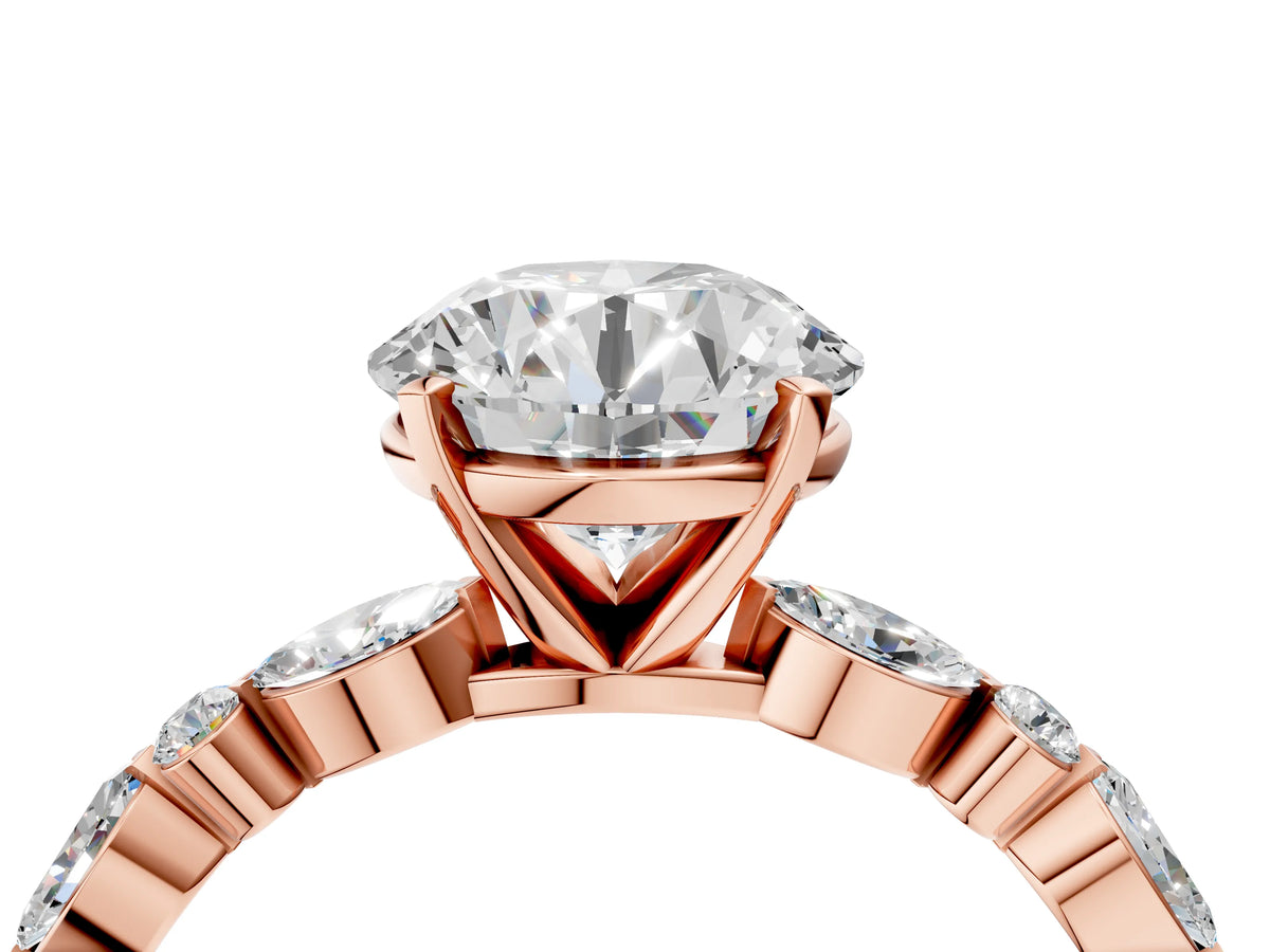 Round Cut Diamond Solitaire Ring in Rose gold with Shared Prong Marquise and Round Side Stones_40