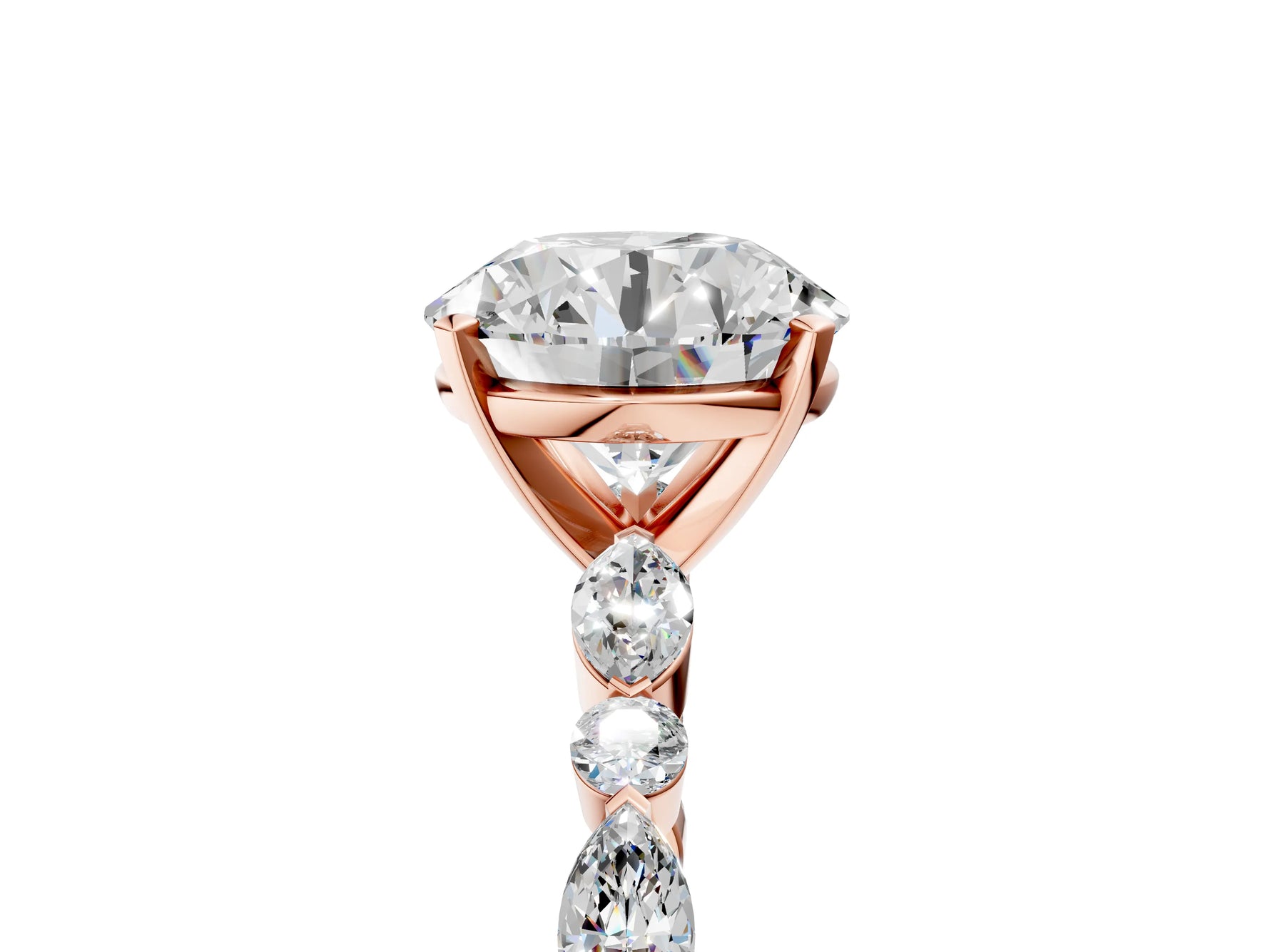 Round Cut Diamond Solitaire Ring in Rose gold with Shared Prong Marquise and Round Side Stones_5