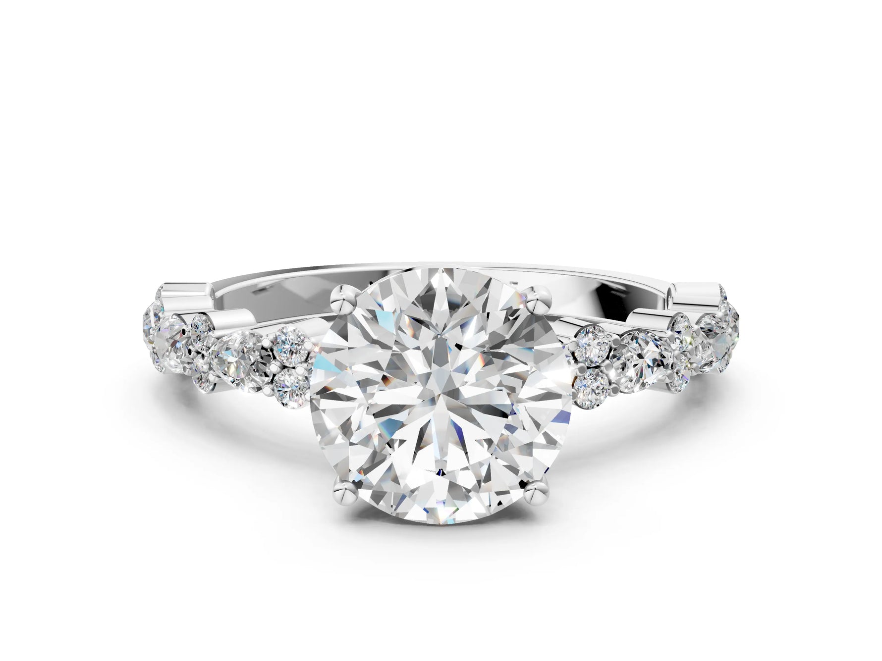 Round Cut Diamond Solitaire Ring in White gold with Pear and Round Cluster Band