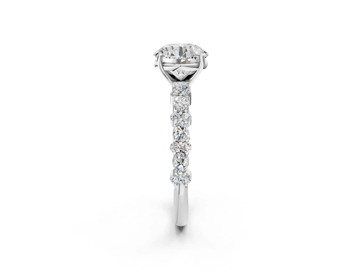 Round Cut Diamond Solitaire Ring in White gold with Pear and Round Cluster Band_14