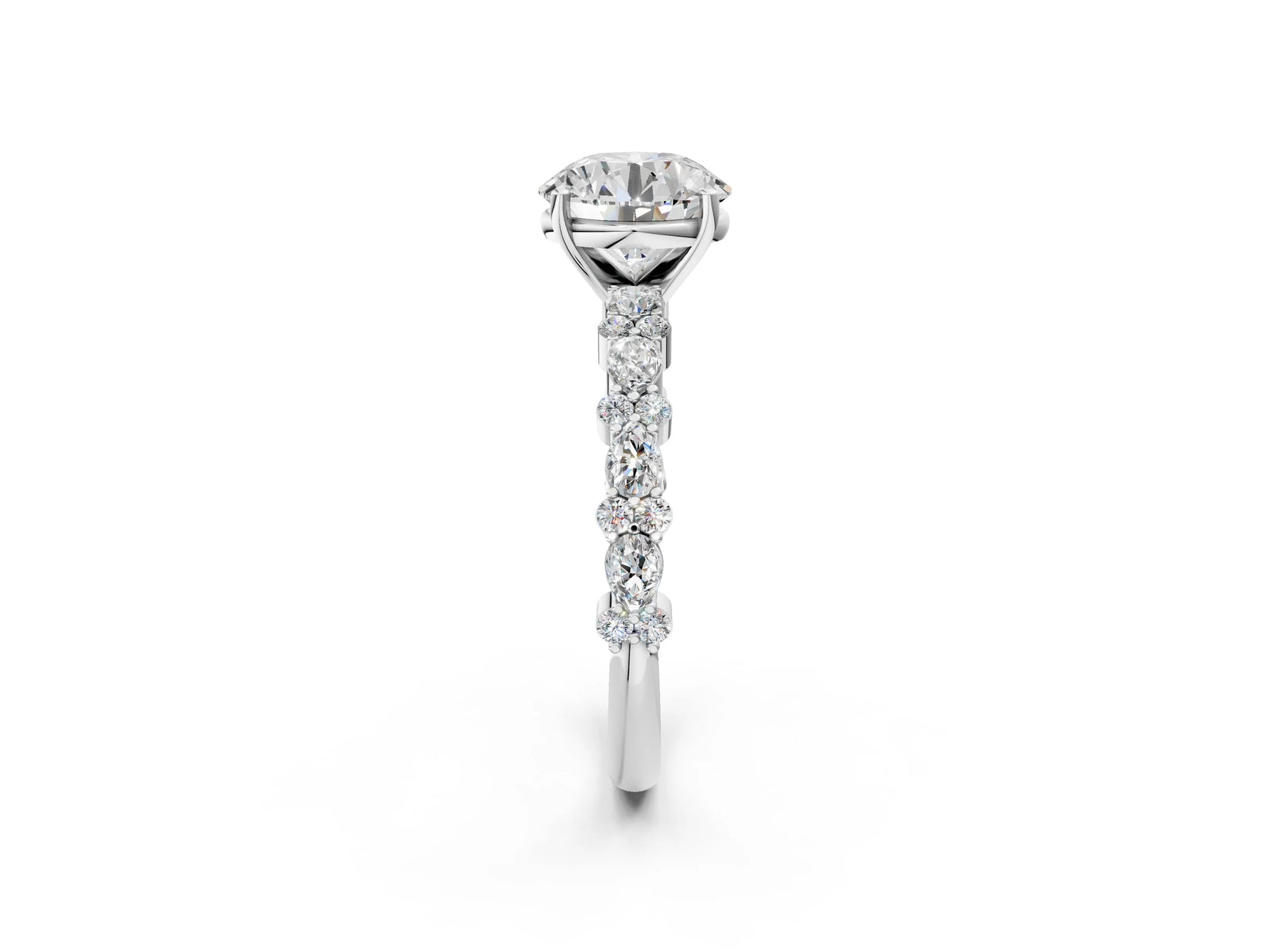 Round Cut Diamond Solitaire Ring in White gold with Pear and Round Cluster Band_2