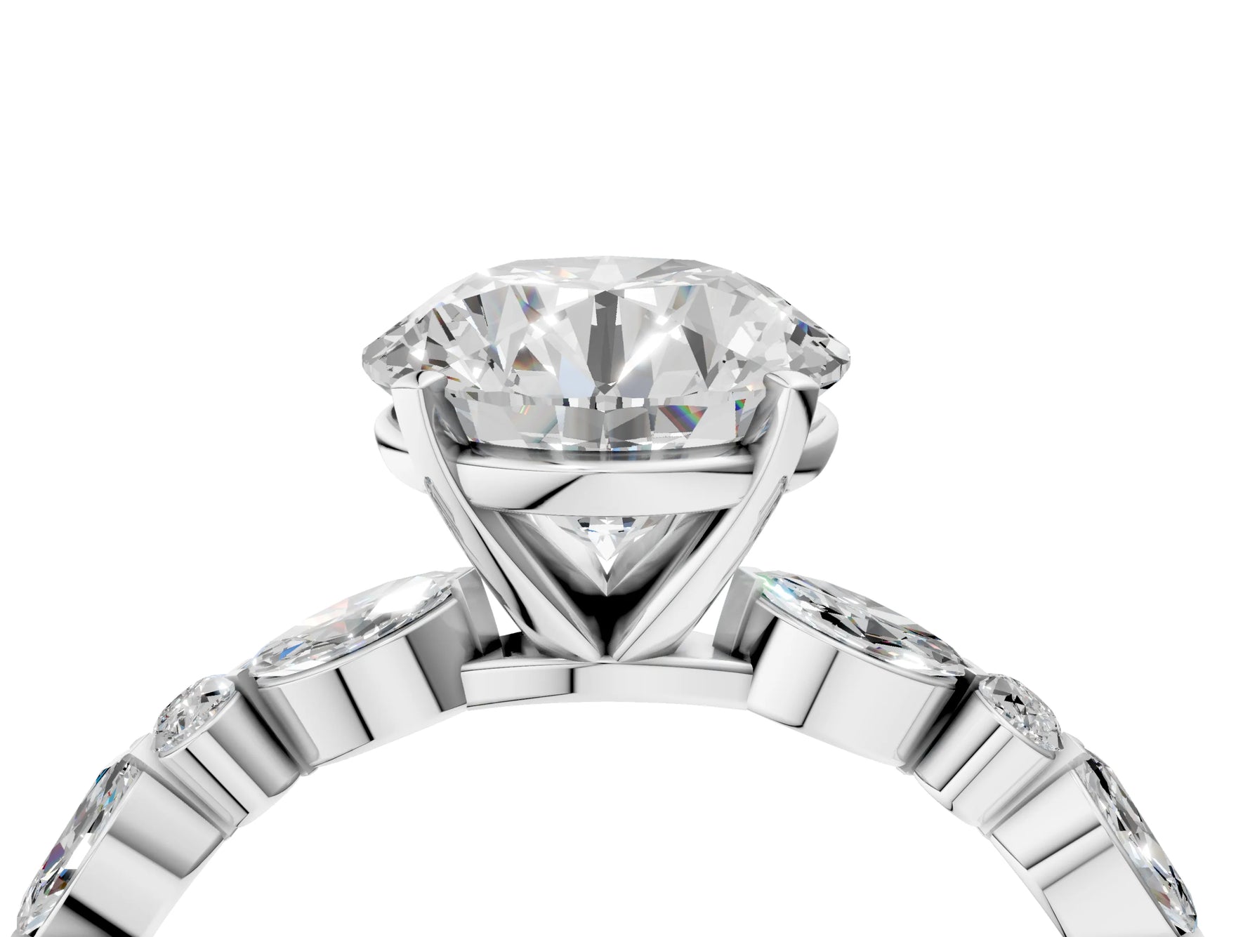Round Cut Diamond Solitaire Ring in White gold with Shared Prong Marquise and Round Side Stones_10