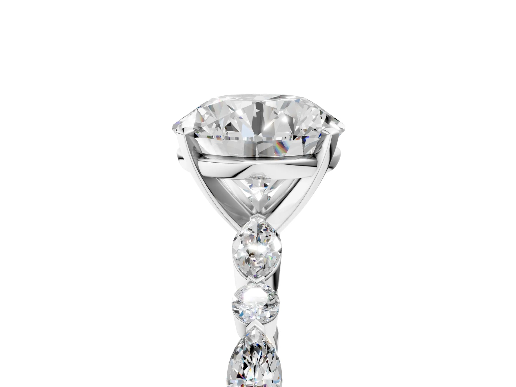 Round Cut Diamond Solitaire Ring in White gold with Shared Prong Marquise and Round Side Stones_11