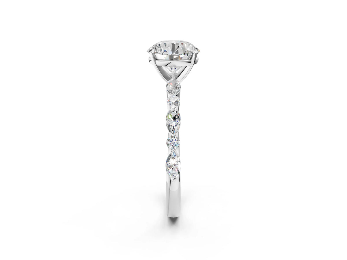 Round Cut Diamond Solitaire Ring in White gold with Shared Prong Marquise and Round Side Stones_44