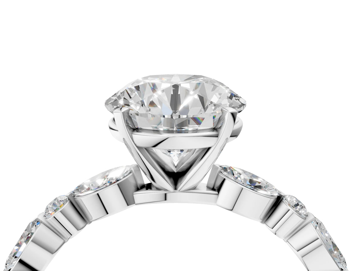Round Cut Diamond Solitaire Ring in White gold with Shared Prong Marquise and Round Side Stones_46