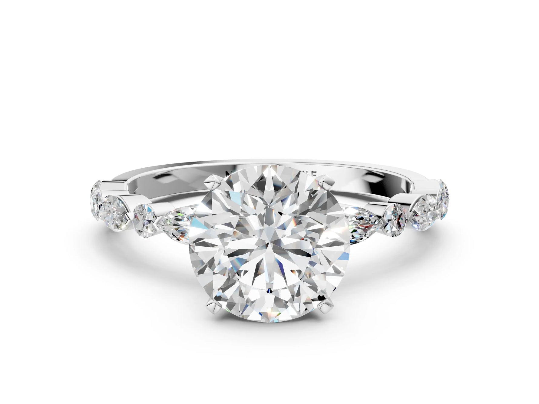 Round Cut Diamond Solitaire Ring in White gold with Shared Prong Marquise and Round Side Stones_6