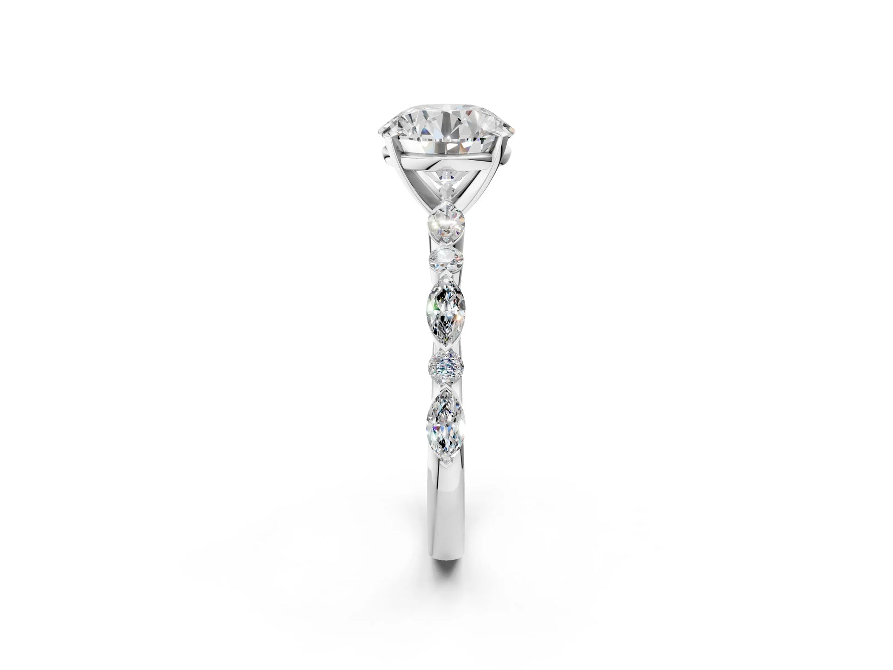 Round Cut Diamond Solitaire Ring in White gold with Shared Prong Marquise and Round Side Stones_8