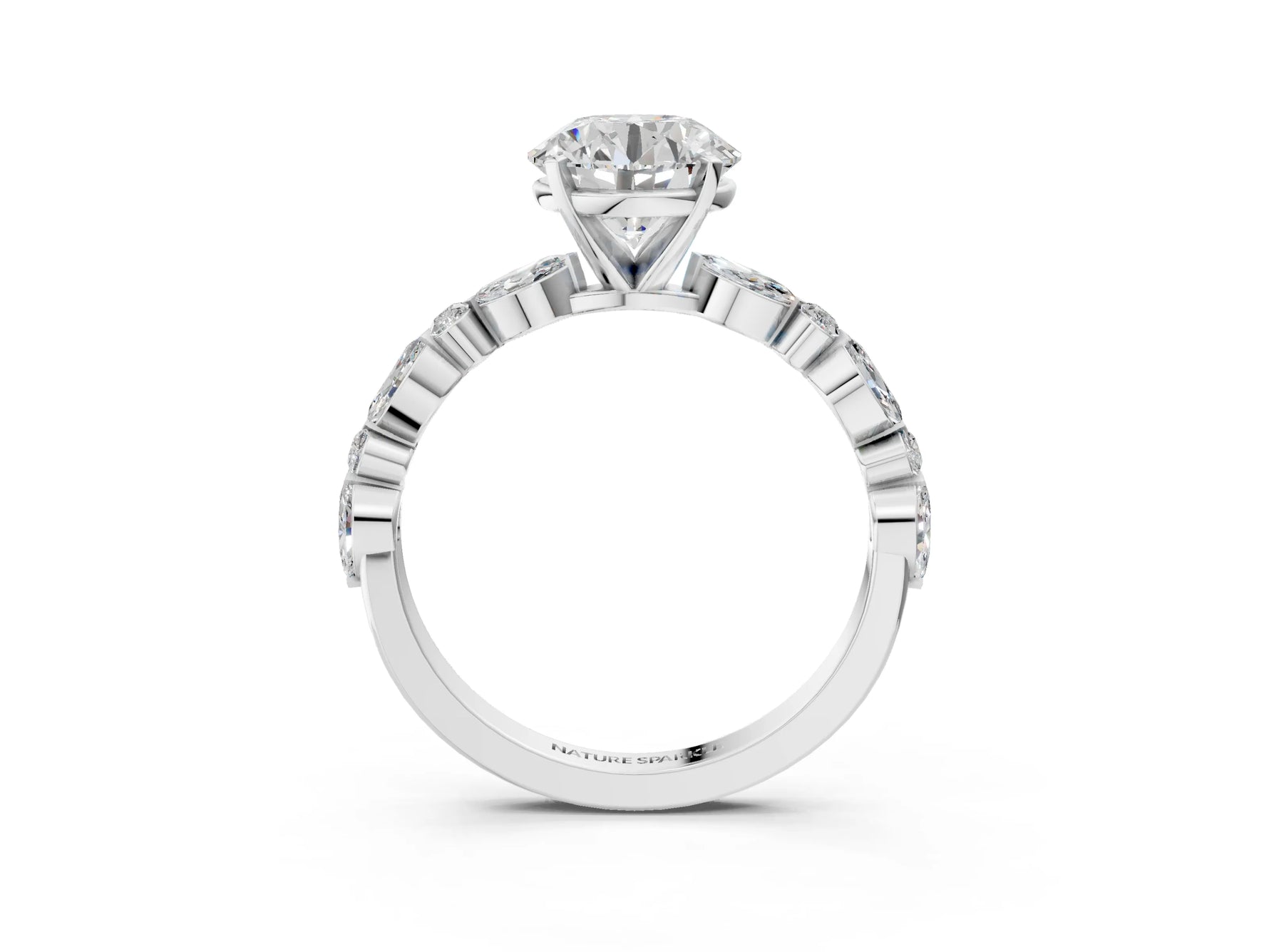 Round Cut Diamond Solitaire Ring in White gold with Shared Prong Marquise and Round Side Stones_9