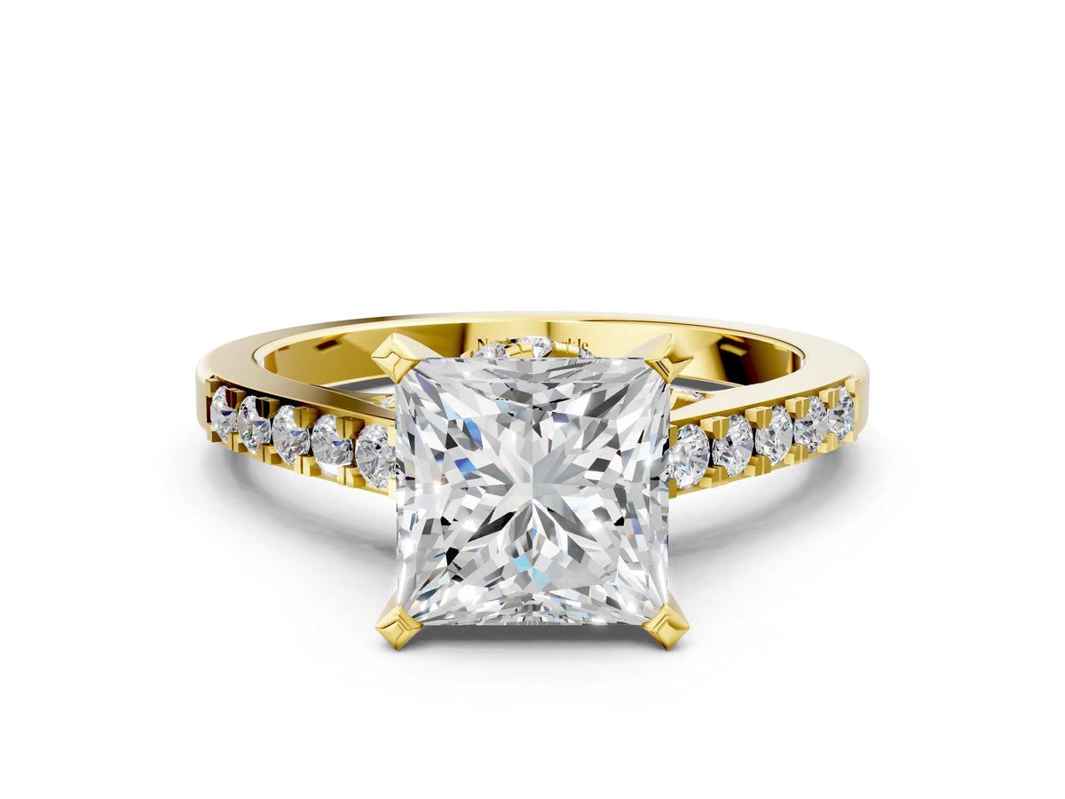 Round Cut Diamond Solitaire Ring in Yellow gold with Crossover Gallery and Round Pavé Band
