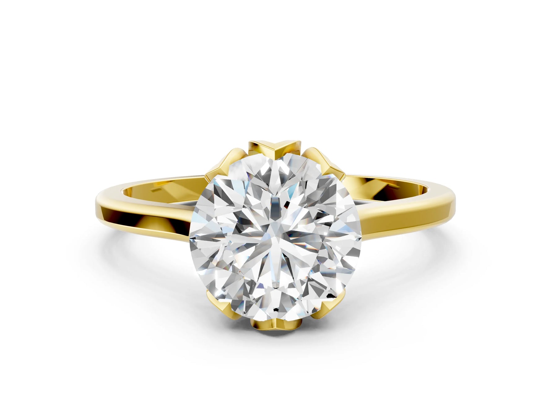 Round Cut Diamond Solitaire Ring in Yellow gold with Flower Prong Setting_24