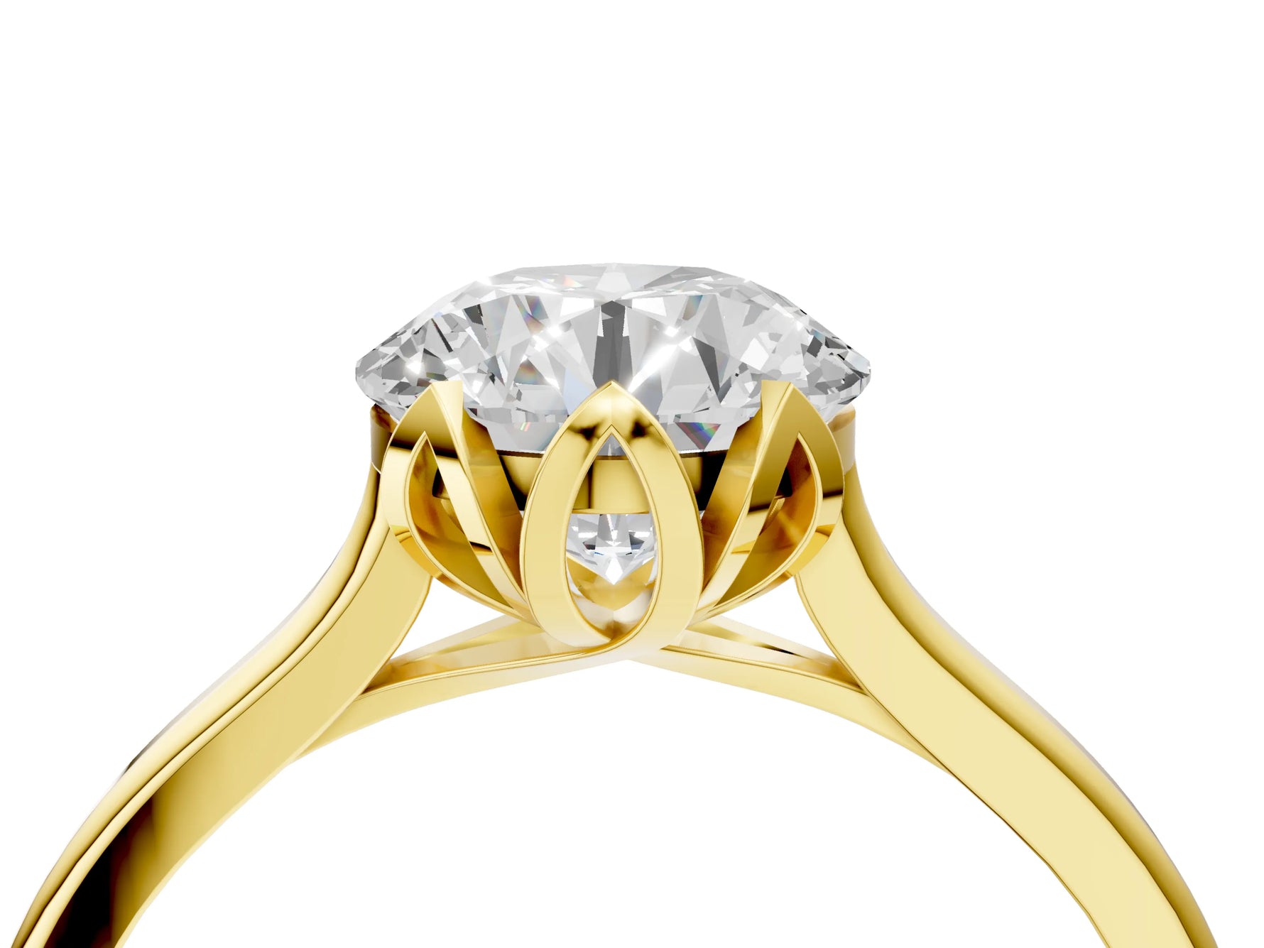 Round Cut Diamond Solitaire Ring in Yellow gold with Flower Prong Setting_28