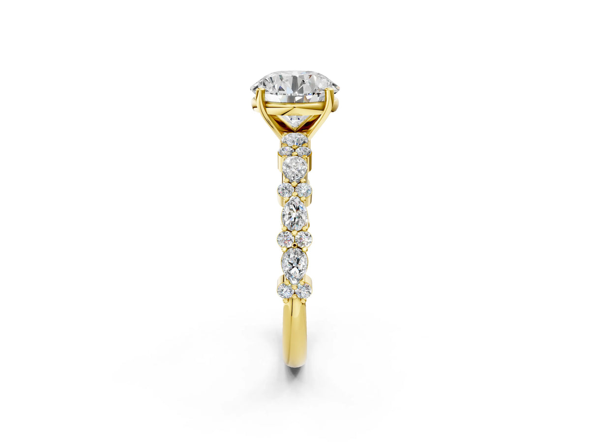 Round Cut Diamond Solitaire Ring in Yellow gold with Pear and Round Cluster Band_14