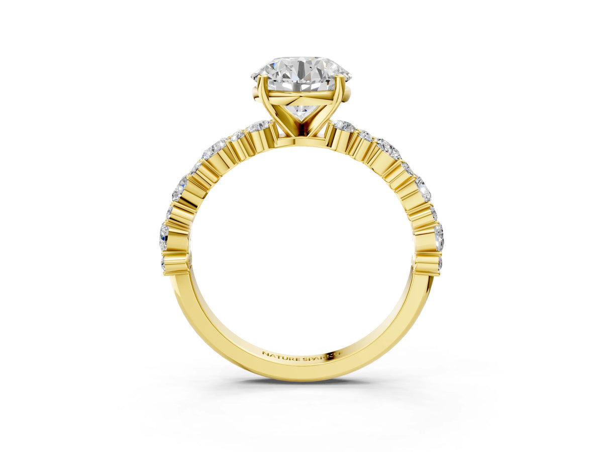 Round Cut Diamond Solitaire Ring in Yellow gold with Pear and Round Cluster Band_15