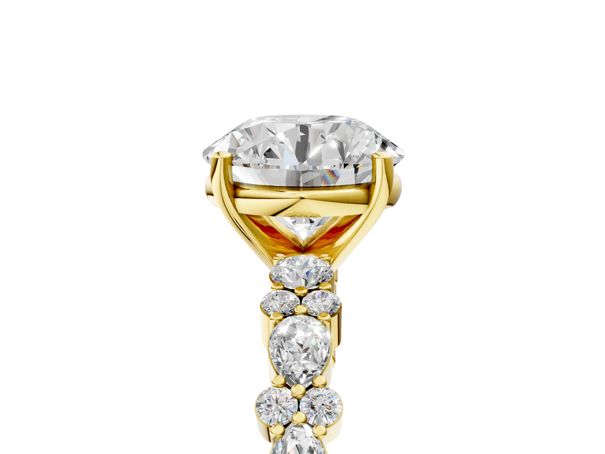 Round Cut Diamond Solitaire Ring in Yellow gold with Pear and Round Cluster Band_17