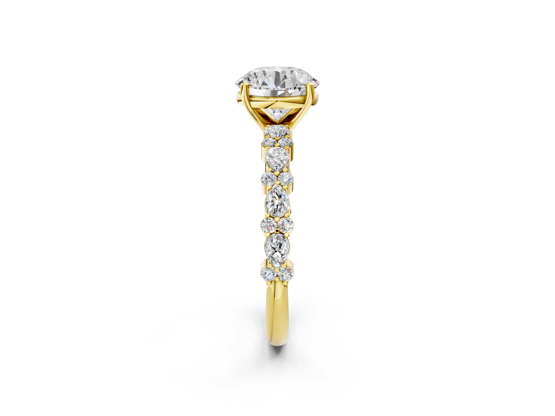 Round Cut Diamond Solitaire Ring in Yellow gold with Pear and Round Cluster Band_2