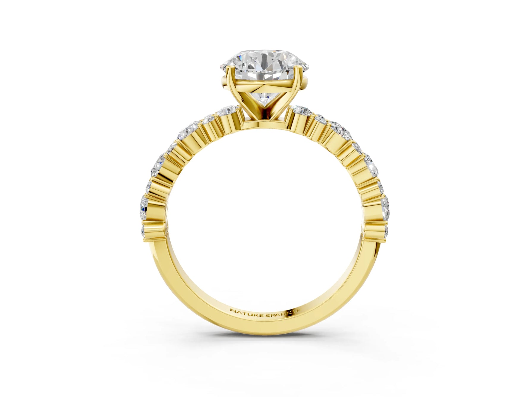 Round Cut Diamond Solitaire Ring in Yellow gold with Pear and Round Cluster Band_3