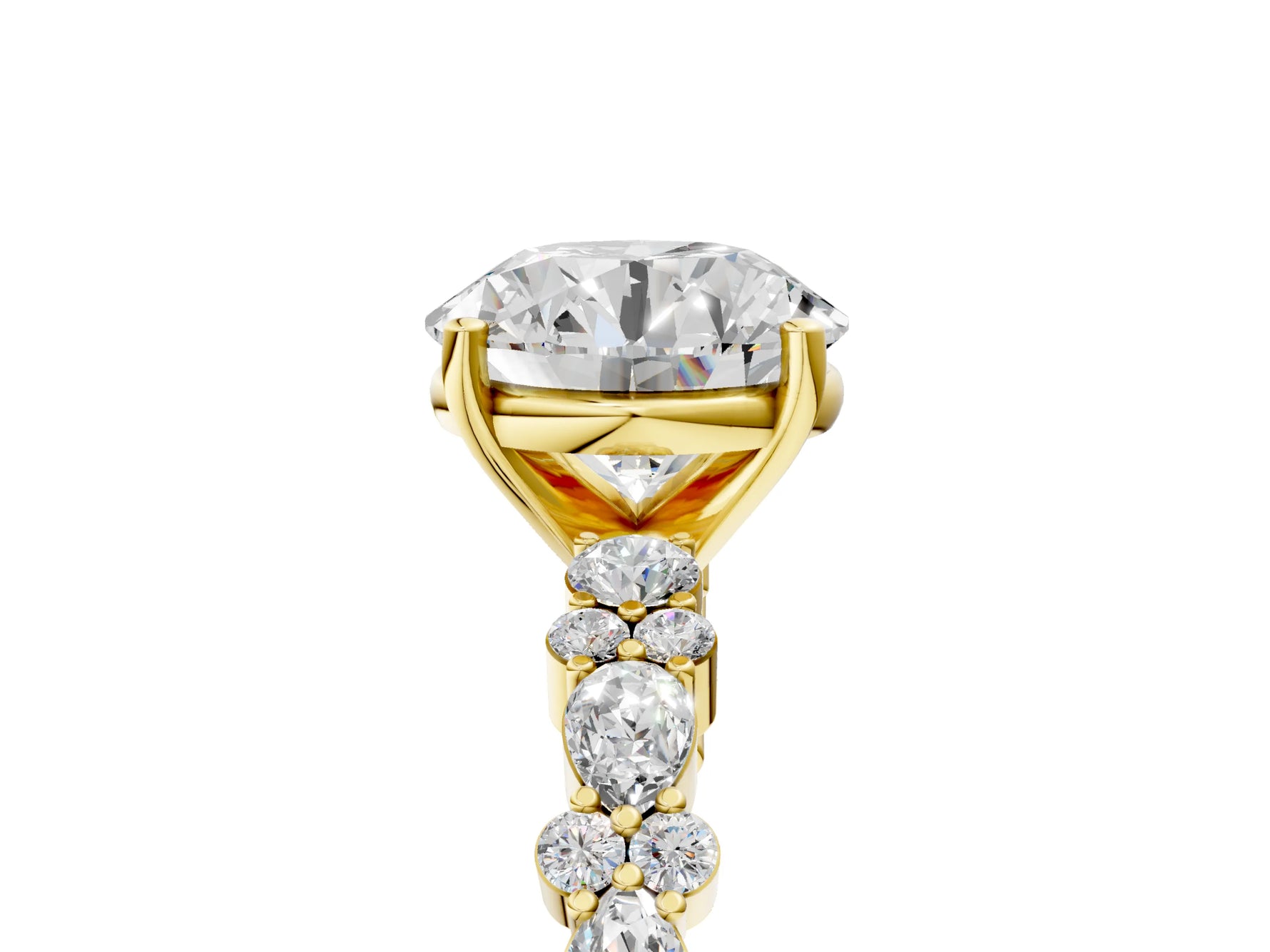 Round Cut Diamond Solitaire Ring in Yellow gold with Pear and Round Cluster Band_5